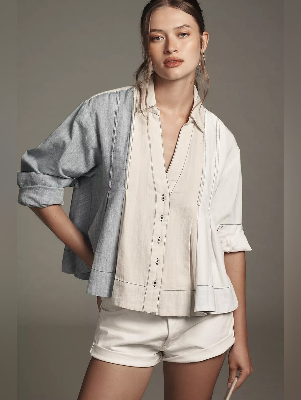 Anthropologie Maeve Color Block Blue Cream Cotton Linen Pleated Swing Shirt L - Picture 2 of 7